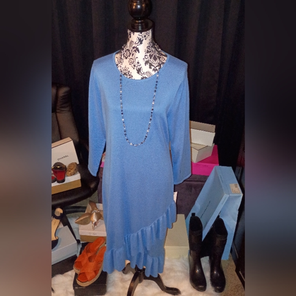 Calvin Klein Sky Blue Knit Dress with Ruffle Hem